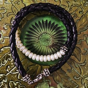 VTG Style Braided Genuine Leather Cord 925 Sterling Silver Accents & Pearls 17"L